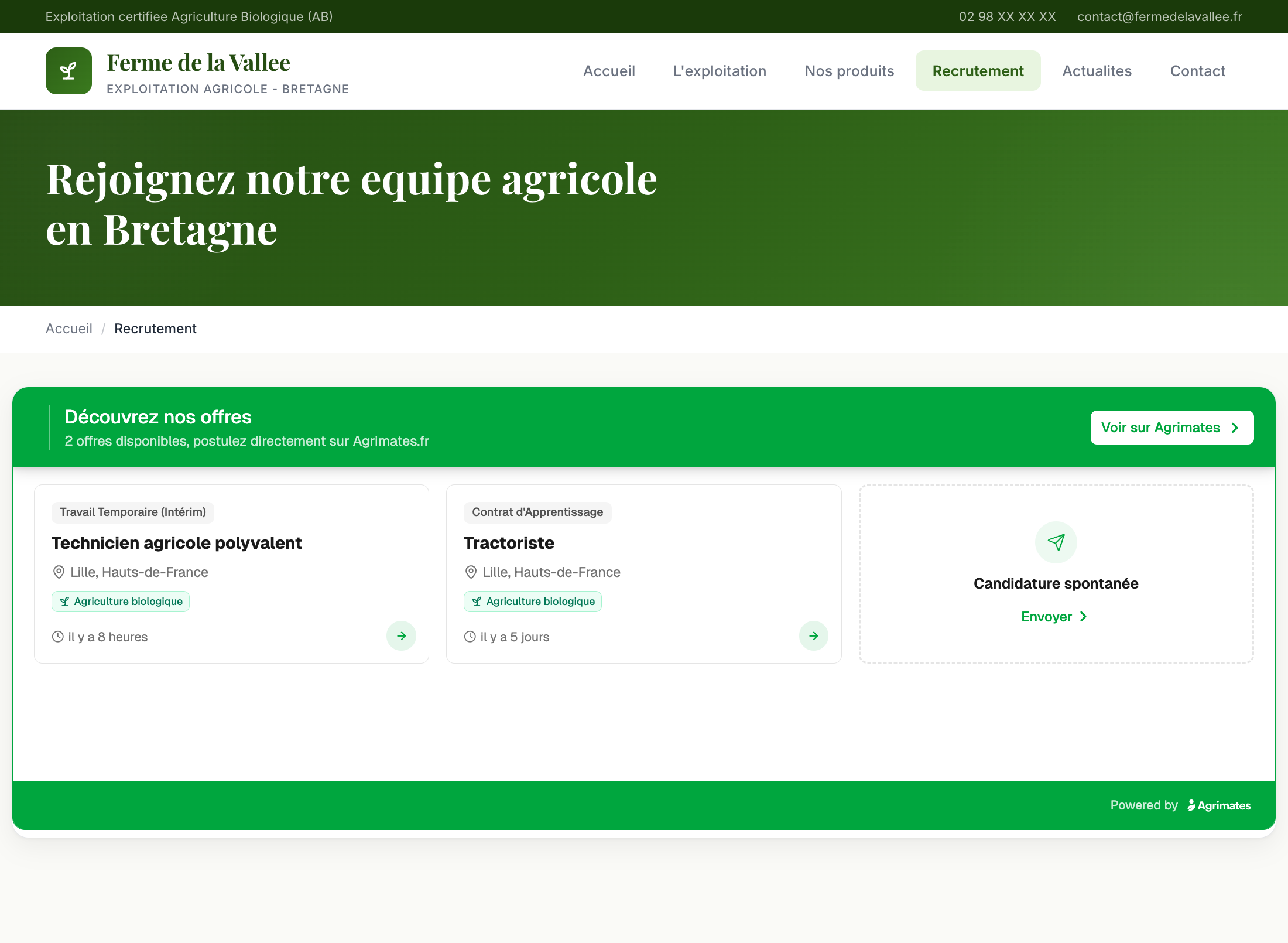 Widget Agrimates intégré sur le site d'une exploitation agricole